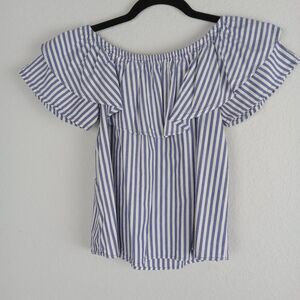 Potters Pot Misses Juniors Off the Shoulder Ruffle Blue White Stripe Top Size S